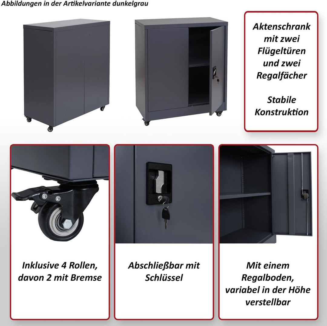Aktenschrank HWC-O50, Büroschrank Stahlschrank mit Rollen, 2 Türen abschliessbar, Stahl 98x80x40cm -