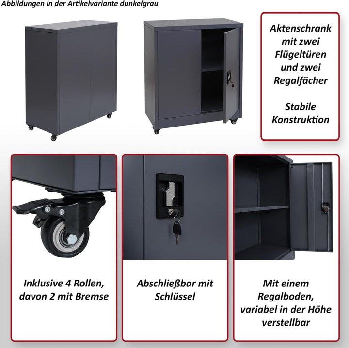 Aktenschrank HWC-O50, Büroschrank Stahlschrank mit Rollen, 2 Türen abschliessbar, Stahl 98x80x40cm -
