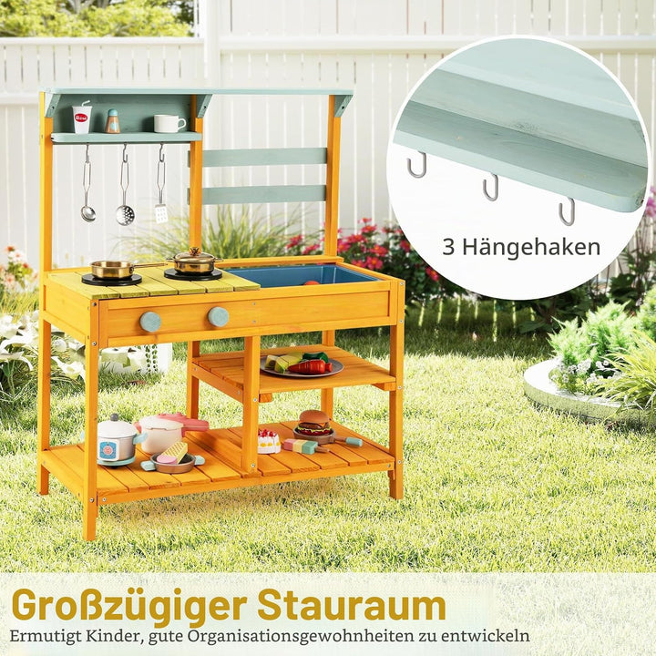 HOMASIS Matschküche Kinder Outdoor, Kinderküche mit Waschbecken Spüle Herd, Spielküche Holz, Spielze