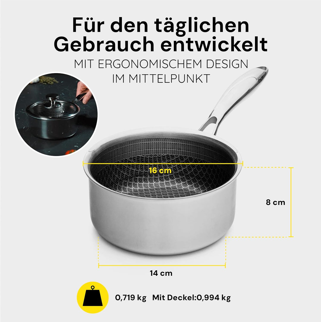 MISO Stielkasserolle mit Deckel 16cm (1,6L) Diamond Dust Keramik Non-Stick, Hochwertige Kasserolle a