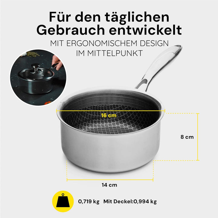 MISO Stielkasserolle mit Deckel 16cm (1,6L) Diamond Dust Keramik Non-Stick, Hochwertige Kasserolle a