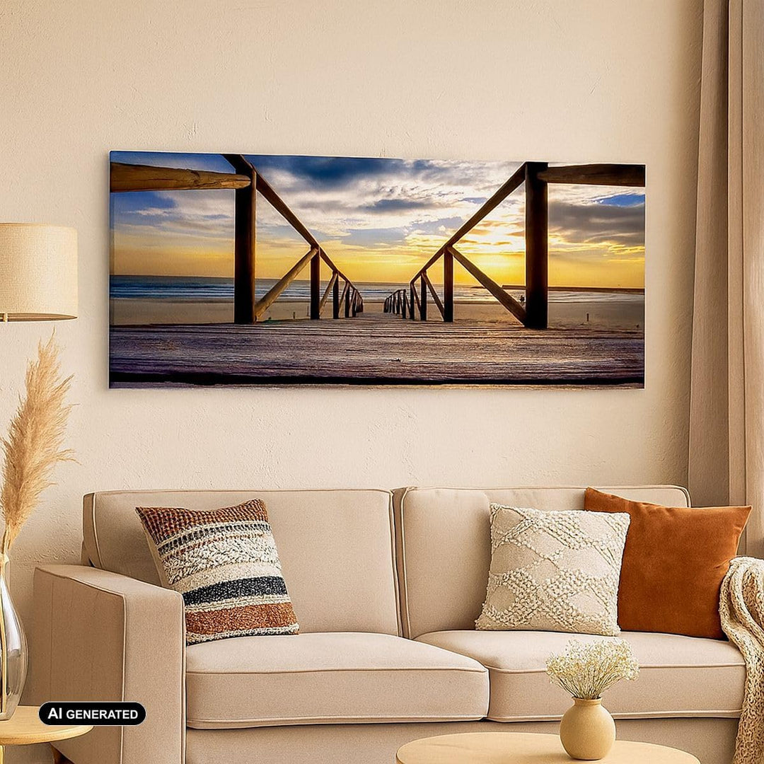 Wandbilder Dekoration Wohnzimmer Strand Ozean Sand Holzbrücke Sonnenuntergang Bilder auf Leinwand 12