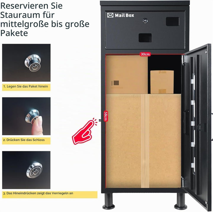 Paketbox Briefkasten Mit Paketfach Brieffächer, Verstellbare Stützhöhe 8-12 cm, Diebstahlsicherung,