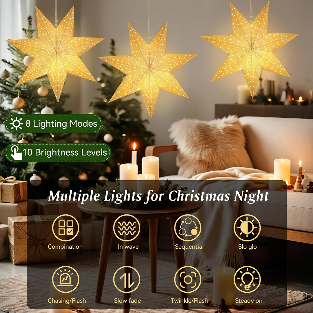 Lewondr Weihnachts Papier Stern Laternen 3PCS, Hängende 7-Zackige Stern Lichter Mit Ausgestanzten Pu