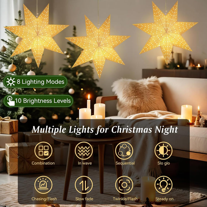 Lewondr Weihnachts Papier Stern Laternen 3PCS, Hängende 7-Zackige Stern Lichter Mit Ausgestanzten Pu