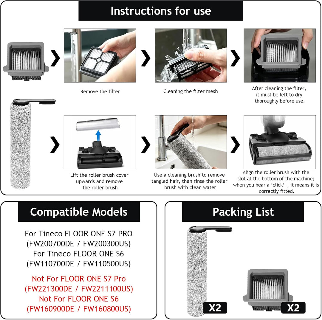 Bürstenrolle + Filter Ersatzteile für Tineco Floor One S7 PRO / S6 Nass-und Trockensauger, Zubehör 2