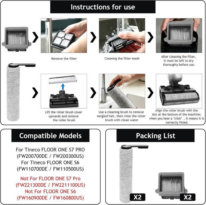 Bürstenrolle + Filter Ersatzteile für Tineco Floor One S7 PRO / S6 Nass-und Trockensauger, Zubehör 2