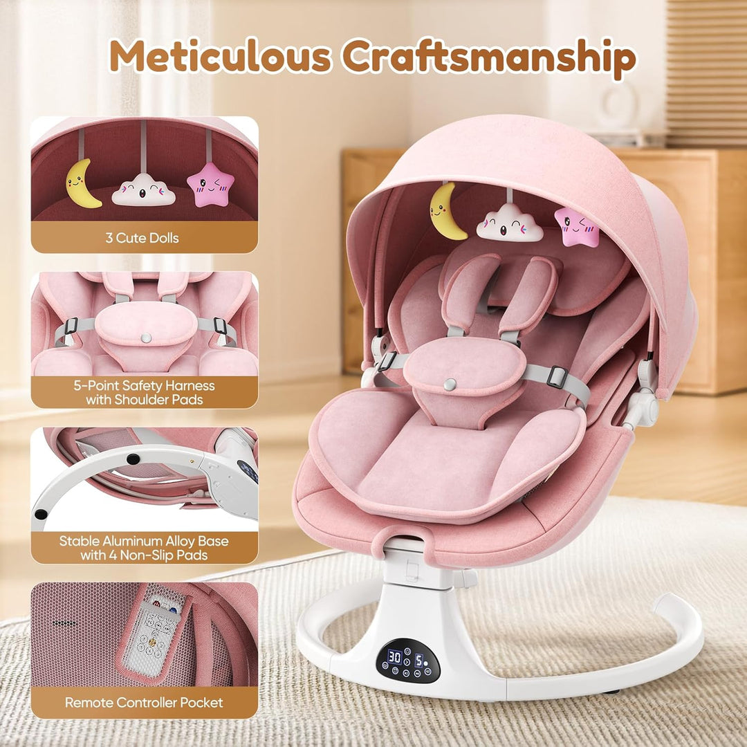 Verstellbare Rückenlehne Babyschaukel, Bluetooth Elektrisch Babywippe Mit Abnehmbares Kissen und Abn