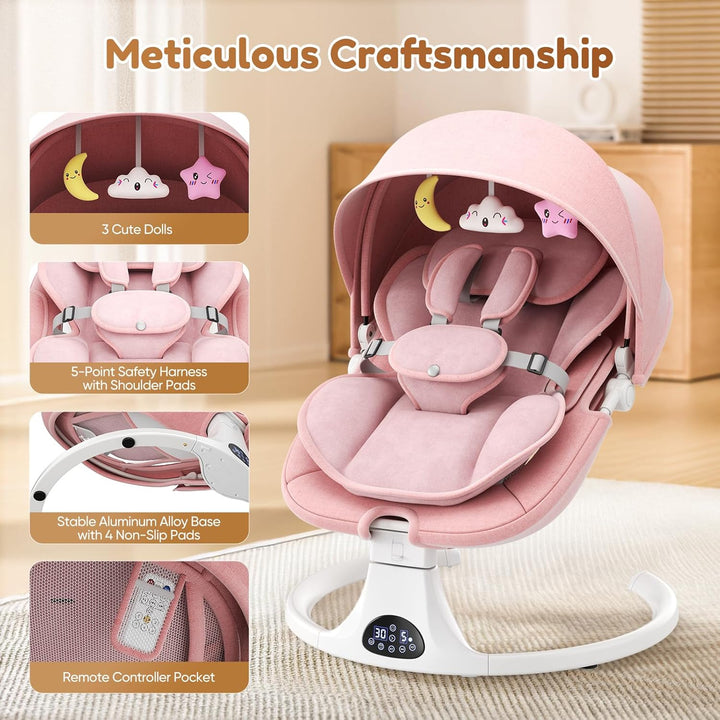 Verstellbare Rückenlehne Babyschaukel, Bluetooth Elektrisch Babywippe Mit Abnehmbares Kissen und Abn