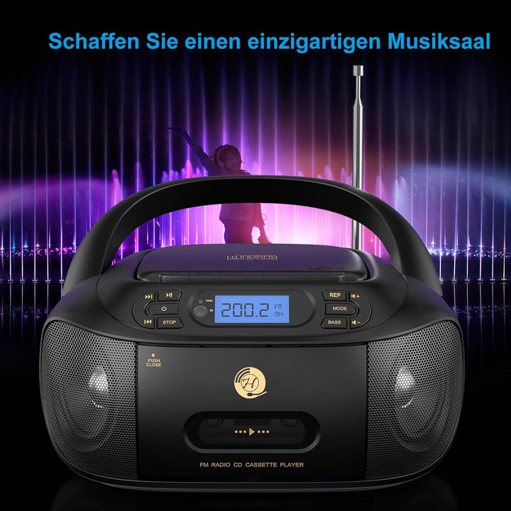 Hernido CD-Player mit Kassette, CD Boombox mit Bluetooth, UKW-Radio, Eingebauten Stereo-Lautsprecher