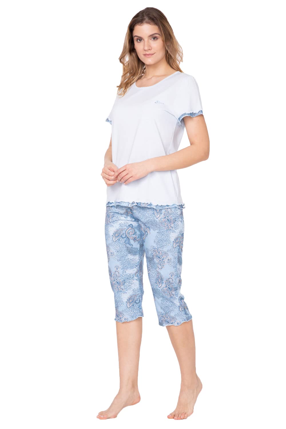 e.FEMME Damen Schlafanzug Marion 310, Kurzarm, aus 50% Baumwolle und 50% Modal 36 Blau/Druck, 36 Bla