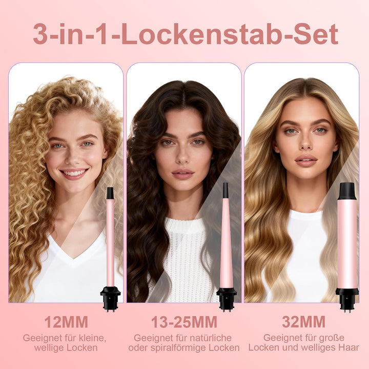 Lockenstab 3 in 1, Lockenstäbe mit 3 Austauschbaren Keramik 12-32mm, 13 Temperaturstufen, Schnelles
