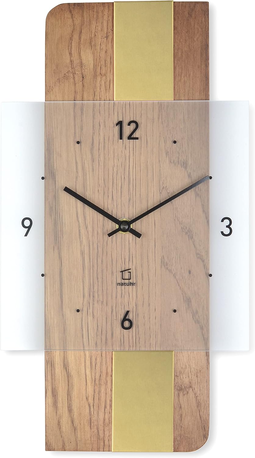Natuhr Holz Metall Glas Wanduhr - Fusion - präzises Funk-Uhrwerk plastikfrei verpackt (Eiche rustika