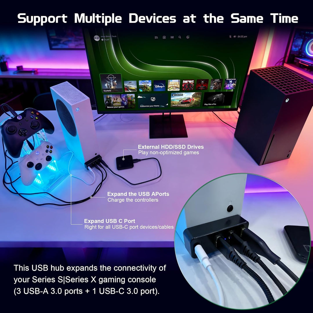 3.0 USB-Hub für Xbox Series X & S, Joso 4-Port-USB-Erweiterung mit Typ-C, kompatibel mit Xbox Series