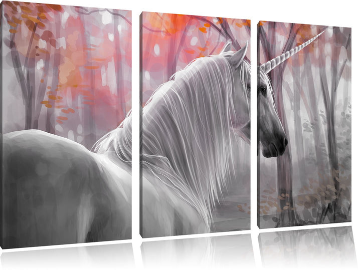 Pixxprint Einsames Einhorn im Wald als Leinwandbild/Grösse: 3 Teilig (120x80 cm) cm/Wandbild/Kunstdr