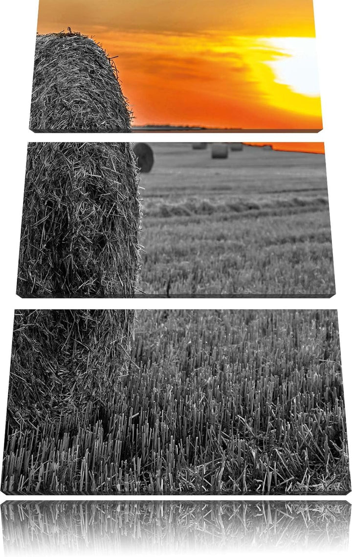 Pixxprint Strohballen bei Sonnenuntergang als Leinwandbild/Grösse: 3 Teilig (120x80) cm/Wandbild/Kun