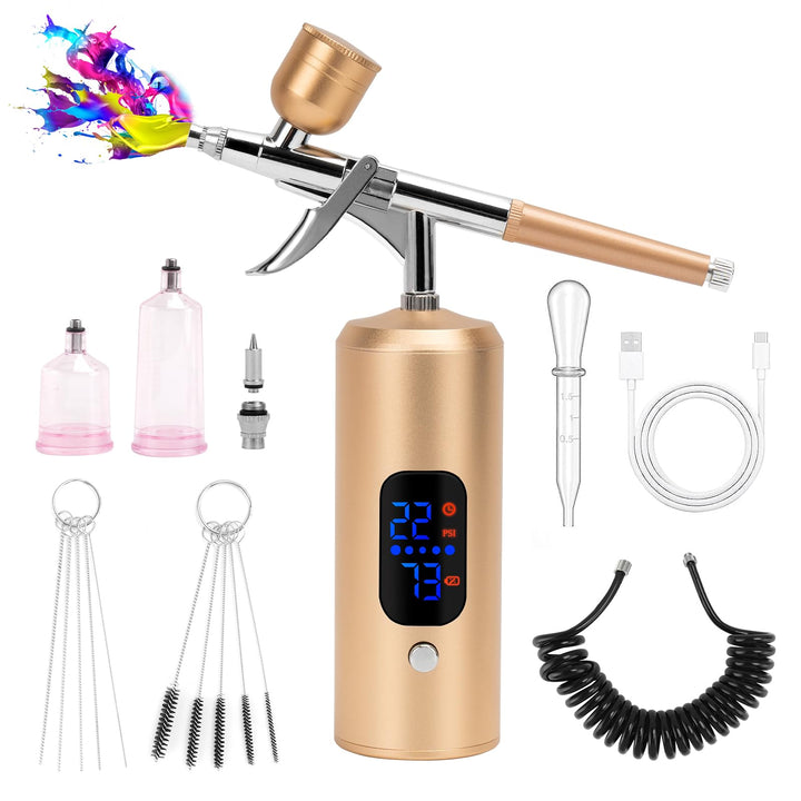 Airbrush-Set, kabellos, 38 PSI verstellbar, mit Kompressor, wiederaufladbar, LCD-Display, Verlängeru