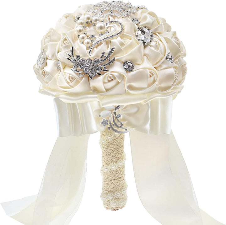 Fouriding Handgemachte Brosche Brautstrauss Braut Satin Rosen Blumen Strass Perlen Blumensträusse Ho