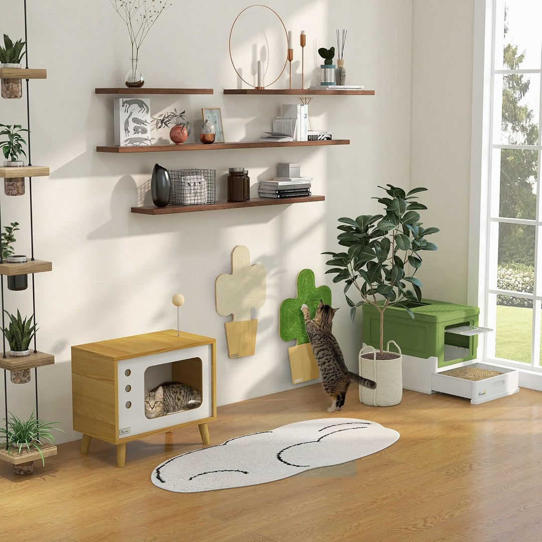 PawHut Katzenhaus, Katzenkiste TV-förmige mit Spielball, Kratzmatte Indoor Katzenhütte Katzenschrank
