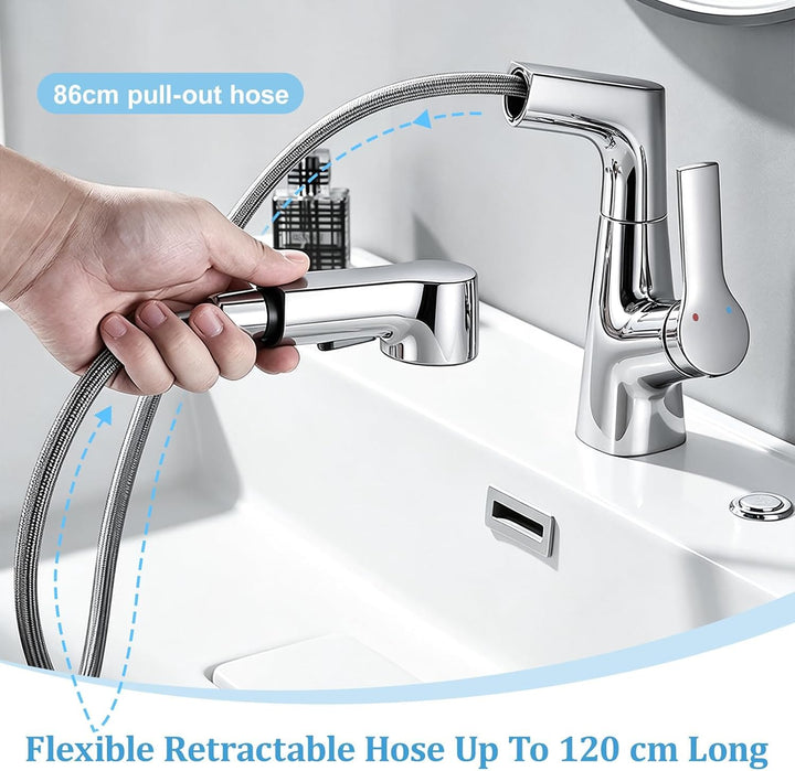 Wasserhahn Bad Höhenverstellbar 6cm Messing 360° Drehbar Chrom | Waschtischarmatur mit Herausziehbar