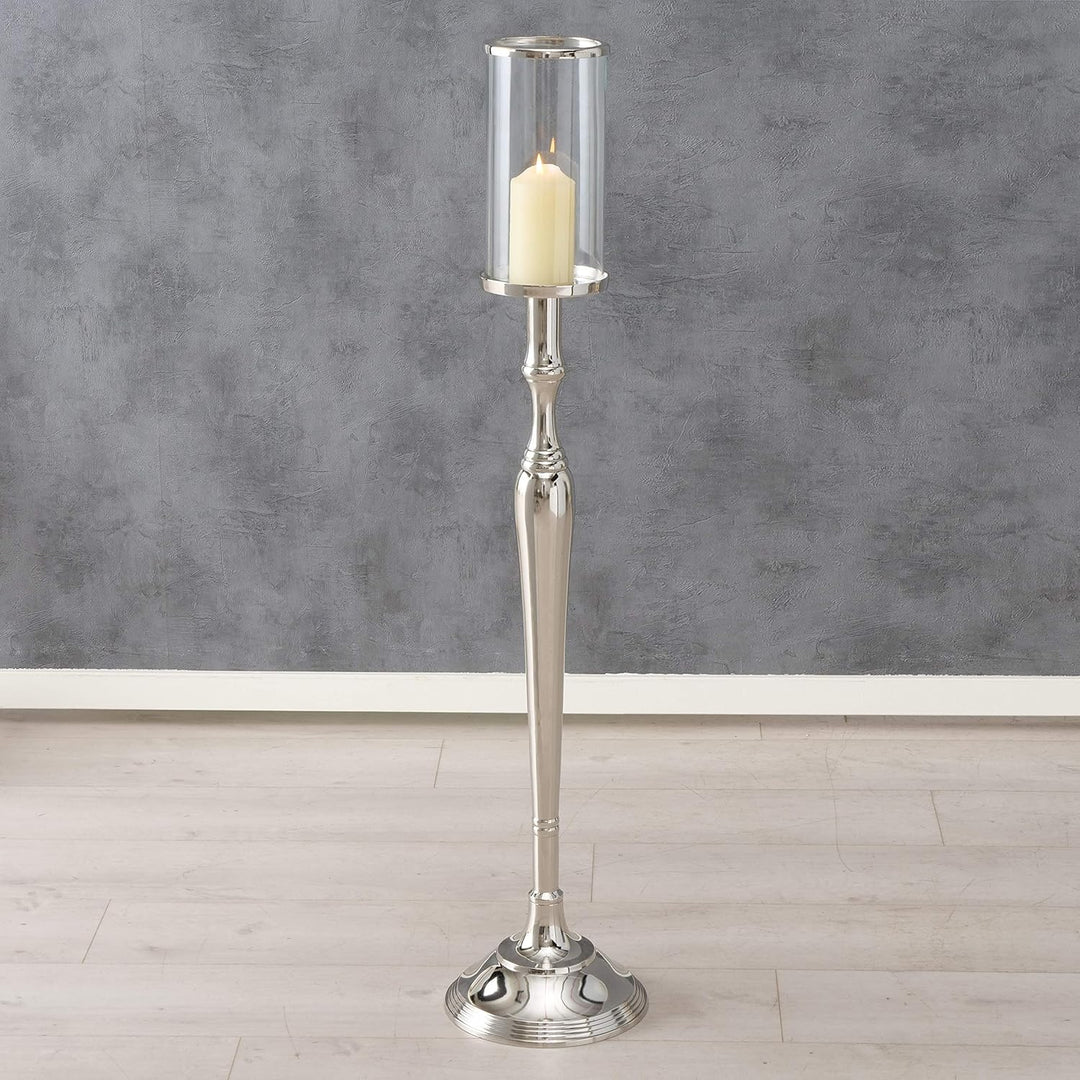 Alte Welt Grand Hotel Säulenkerzenhalter, Bodenleuchter, Glastülle, Silber Aluminium Nickel, 109 cm