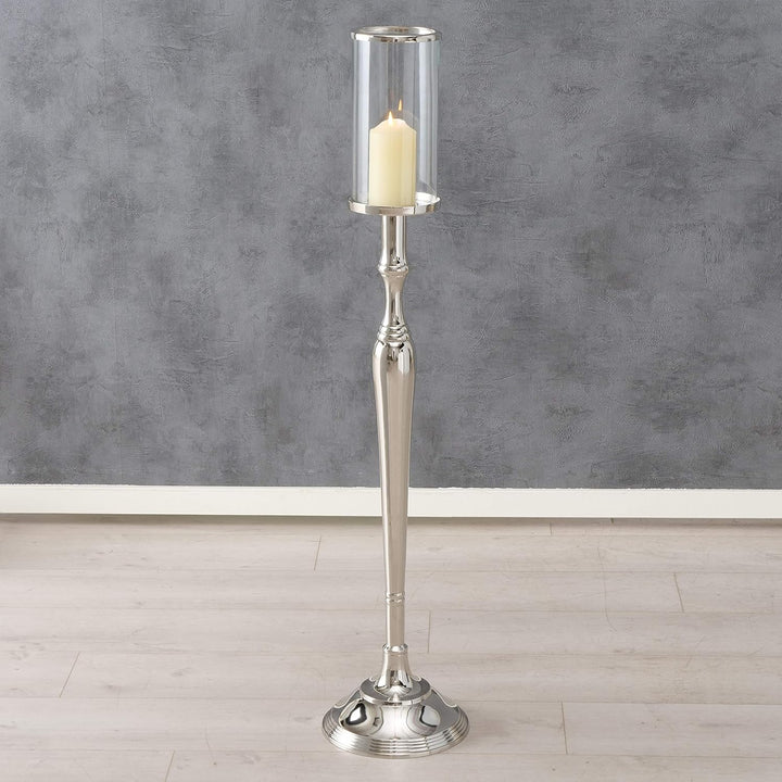 Alte Welt Grand Hotel Säulenkerzenhalter, Bodenleuchter, Glastülle, Silber Aluminium Nickel, 109 cm