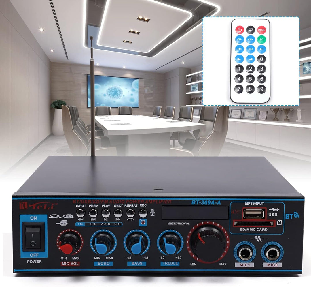 MBUYI HiFi Verstärker mit Bluetooth, Stereo Audio Receiver mit 2 Mikrofoneingang Echo, Amplifier End