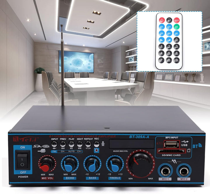 MBUYI HiFi Verstärker mit Bluetooth, Stereo Audio Receiver mit 2 Mikrofoneingang Echo, Amplifier End
