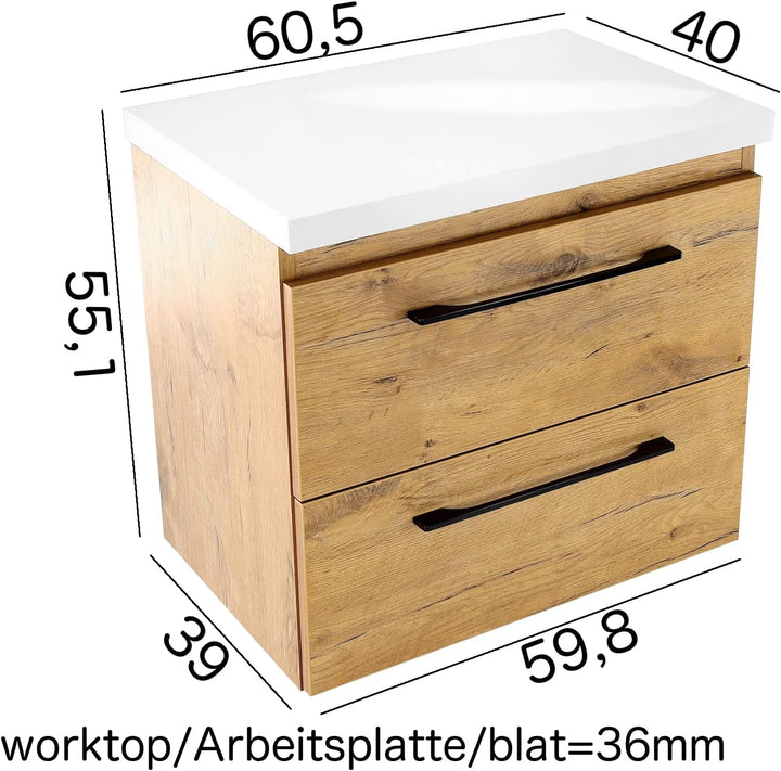 paplinskimoebel GIRONA Waschbeckenunterschrank hängend 60 cm breit, Universal Badschrank mit 2 Schub