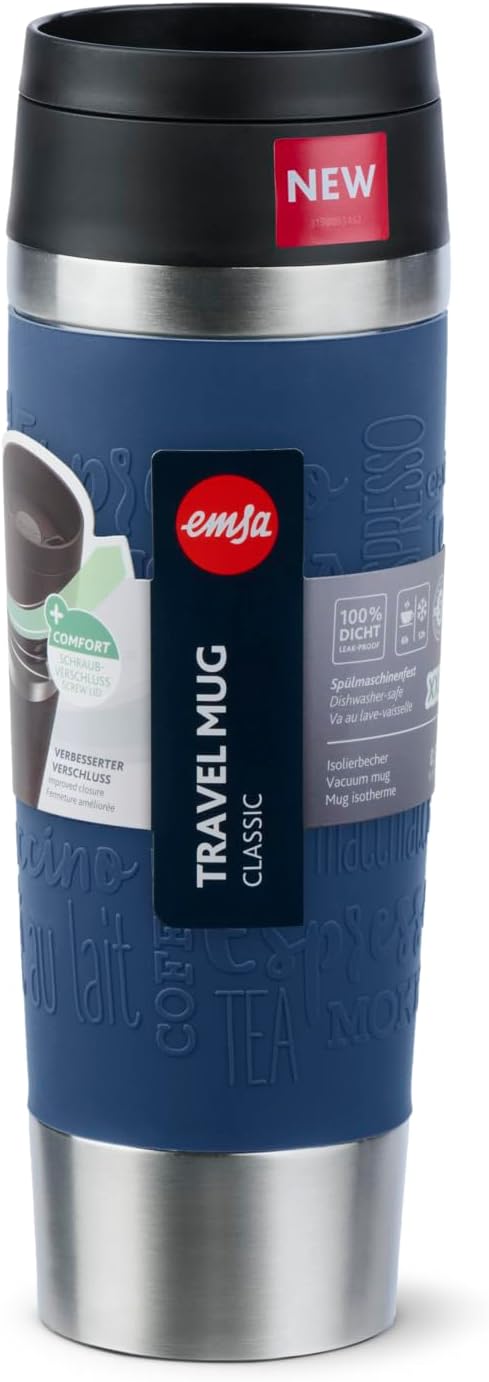 Emsa N20221 Travel Mug Classic Isolierbecher 0,5 Liter | neuer Komfort-Schraubverschluss | Edelstahl