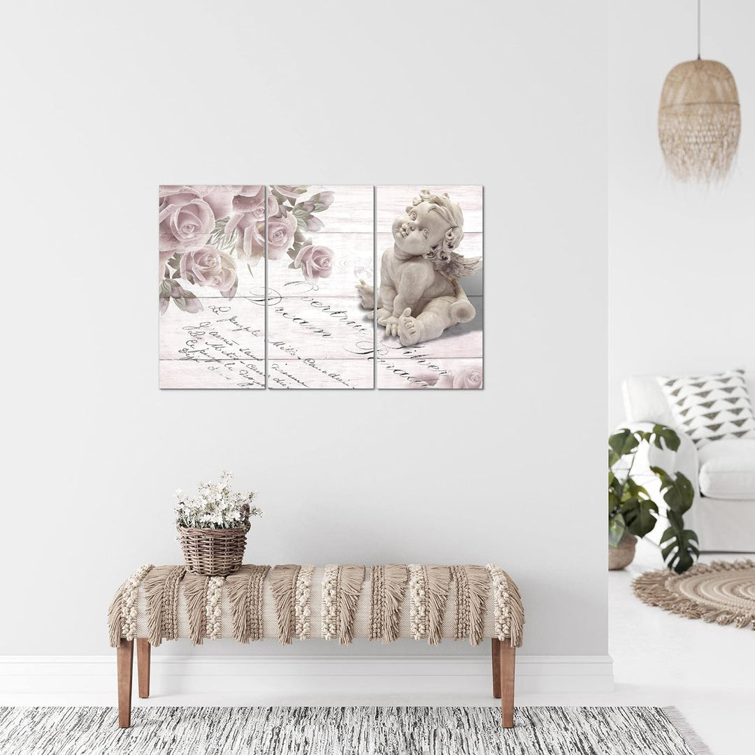 Runa Art Wandbilder Engel Blumen Bild XXL Wohnzimmer Schlafzimmer Grau Rosen Holz 120 x 80 cm 3 Teil