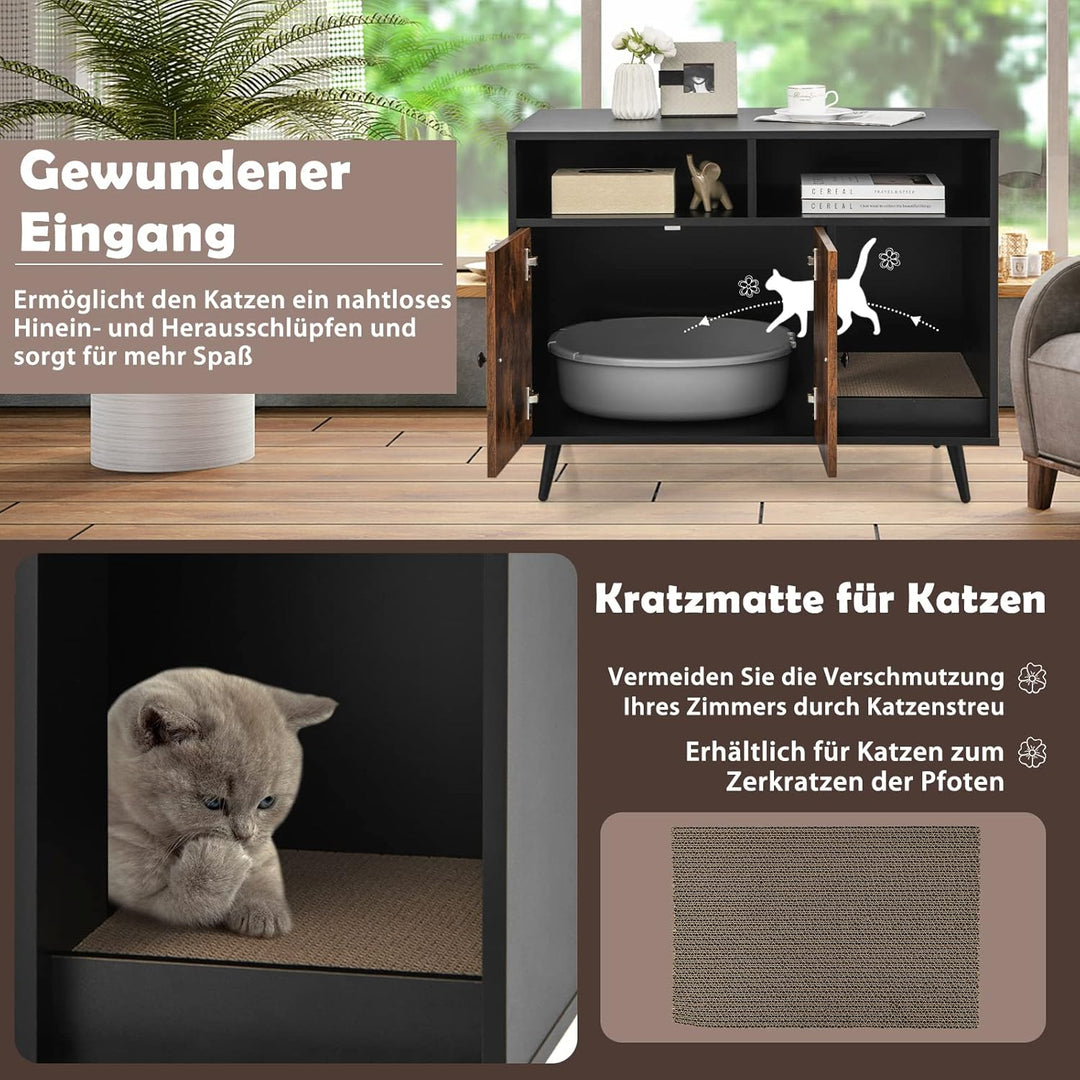COSTWAY Katzenschrank für Katzentoilette, Katzenklo Schrank mit Kratzbrett, Doppeltüren, 2 offenen F