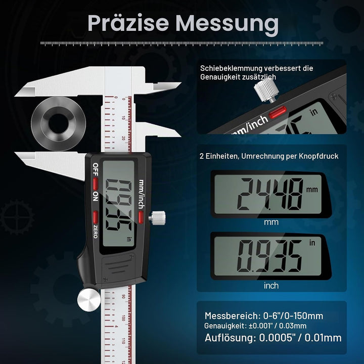 Housolution Digitaler Messschieber 6 Zoll, Messschieber mit grossem LCD-Bildschirm, Zoll/MM, 4 Messw