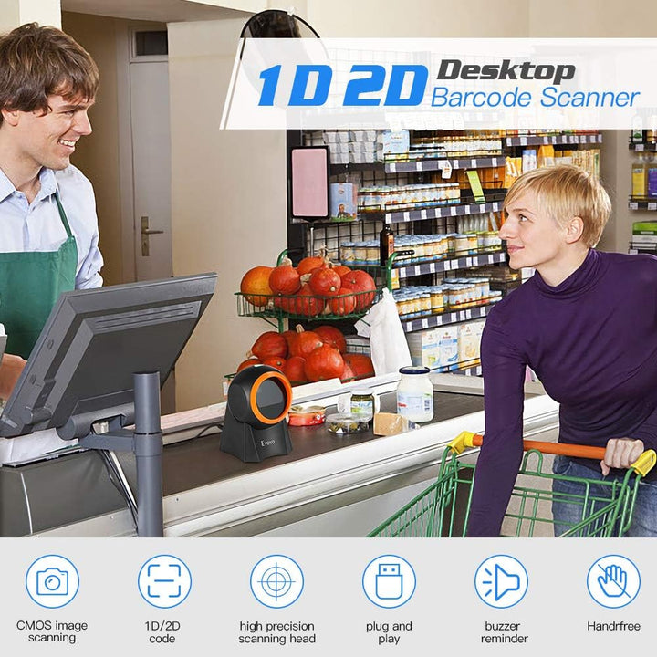 Eyoyo 1D 2D QR Desktop Barcode Scanner with Large Scan Window, Hands-Free Barcode Reader with QR Scr
