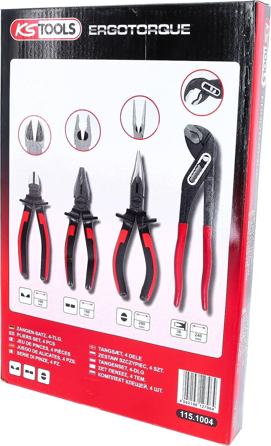 KS Tools 115.1004 ERGOTORQUE Zangen-Satz, 4-teilg, Diagonal-Seitenschneider 160 mm, Kombinationszang