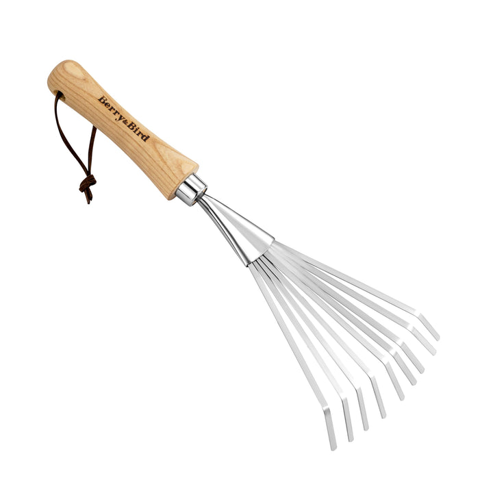Berry&Bird Hand-Fächerbesen 36,6 cm - Handrechen mit Stiel aus Eschenholz, Gartenwerkzeug mit 9 Flac