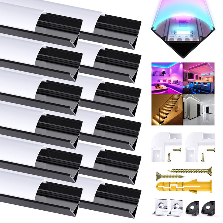 LED Profil Schwarz V Form, 12Pack Aluminiumkanal Eckprofil Kanal Schwarz Profil mit Milchiger Weisse