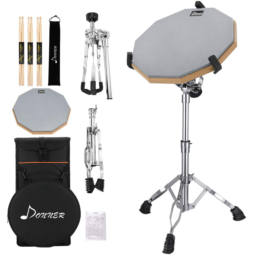 Donner Drum Practice Pad mit Snare Drum Ständer Kit, 3 Paar Drumsticks mit Tasche, Drum Gele silber,