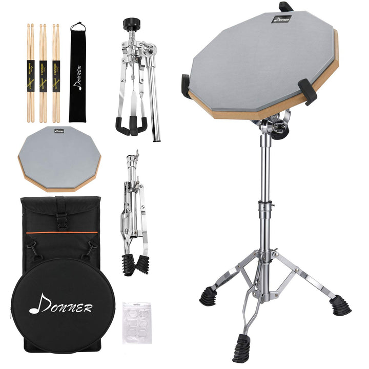 Donner Drum Practice Pad mit Snare Drum Ständer Kit, 3 Paar Drumsticks mit Tasche, Drum Gele silber,