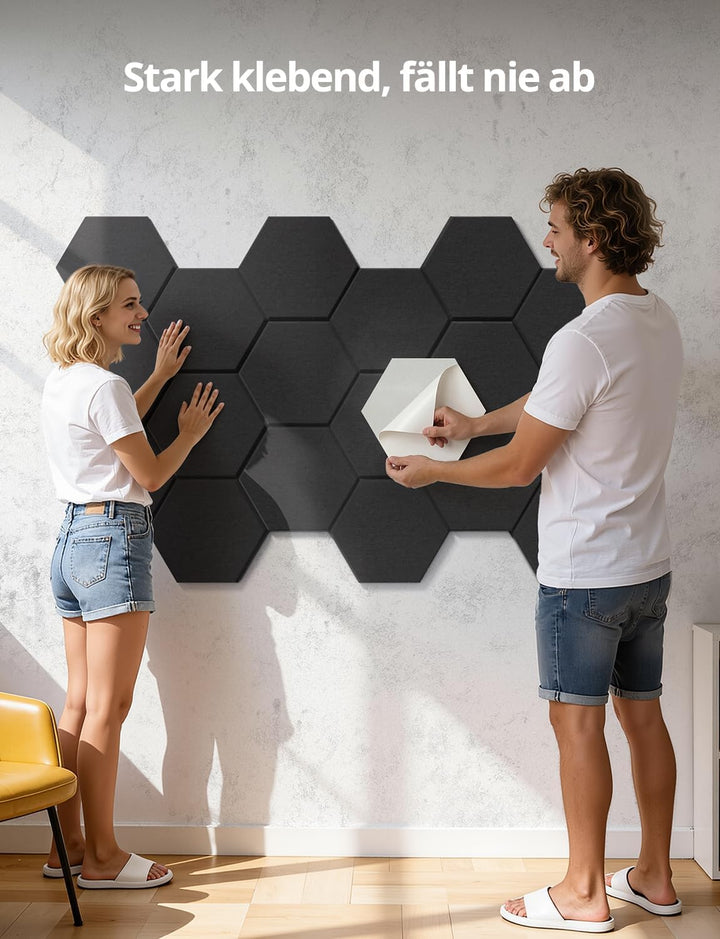 Kuchoow Akustikpaneele Hexagon Selbstklebend mit MLV Schalldämmung 12 Stück Wand Schwarz für Zimmer,