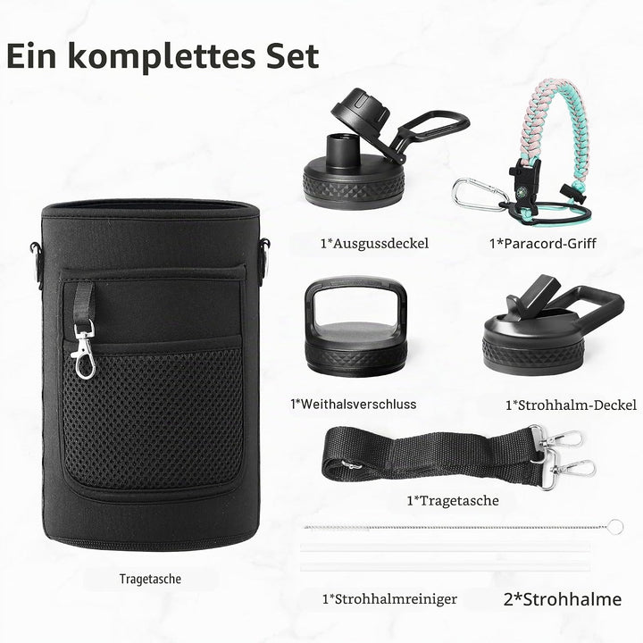Trebo Wasserflasche 1.8 l mit Paracord-Griff, halbe Gallone, lebensmittelechter, doppelwandiger Vaku