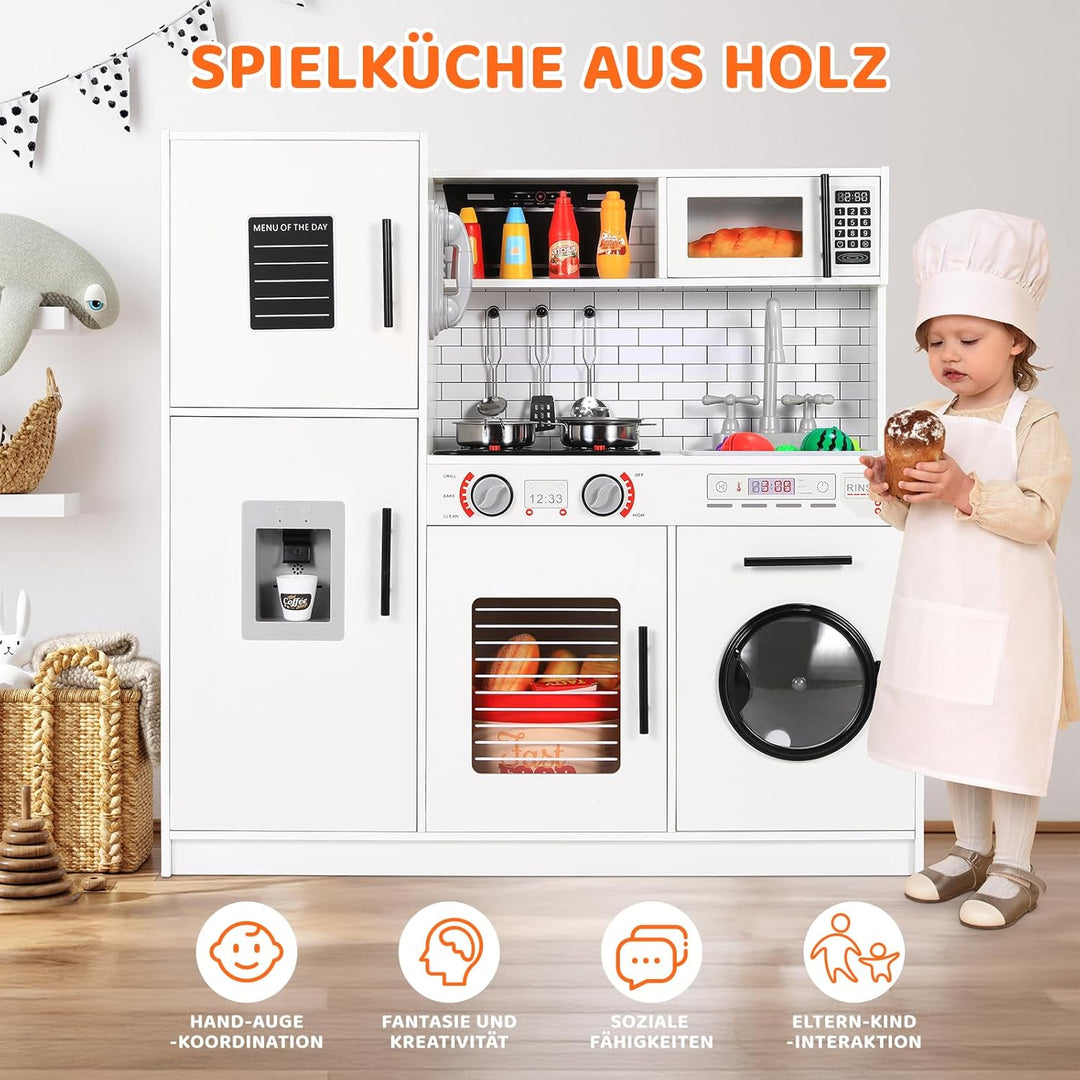MAMIZO Kinderküche Holz, Spielküchen aus Holz für Kinder, Spielzeugküche mit Licht und Sound, 82x80x