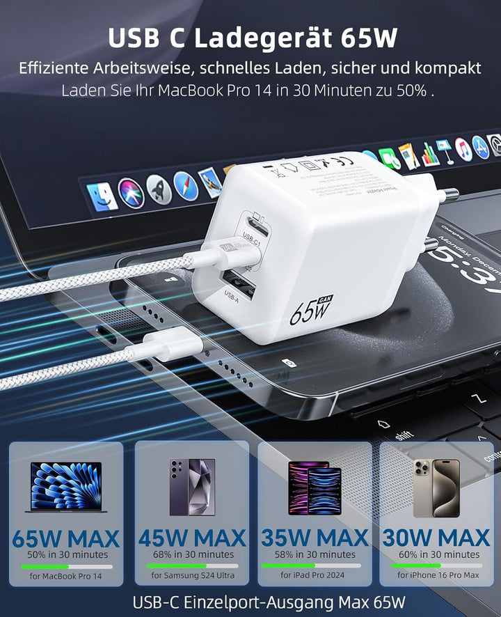 USB C Ladegerät 65W 3-Port,USB-C Netzteil Charger PPS 60W Schnellladegerät PD Ladestecker, kompatibe