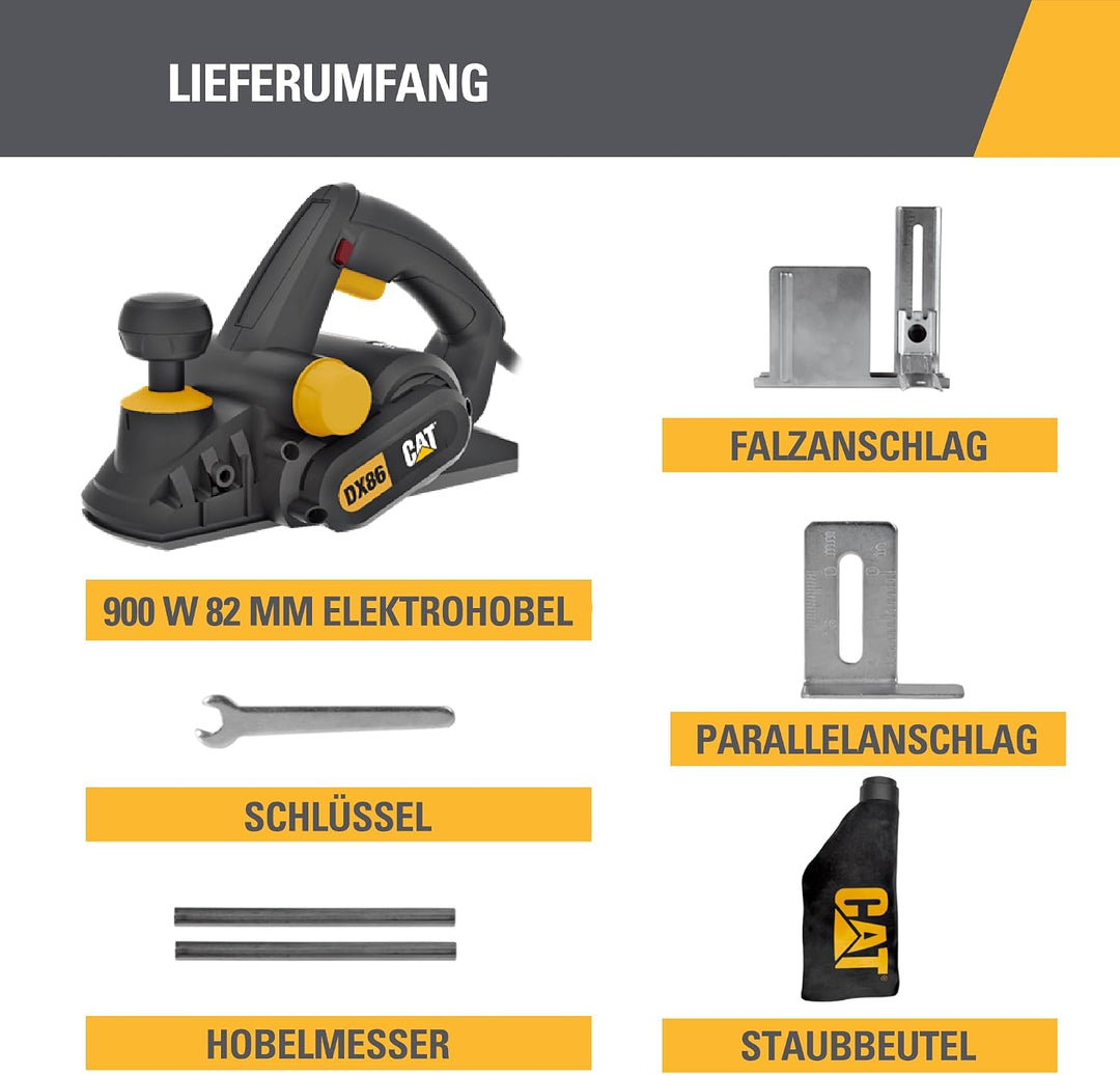CAT DX86 82mm Hobelmaschine 900W, 16000 U/min, 3mm Schnitttiefe, beidseitiger Spanauswurf, Mikro-Tie