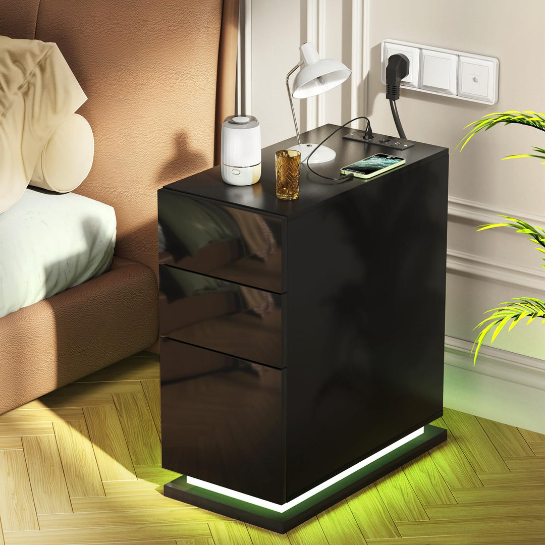 PIPIPOXER Nachttisch LED mit Steckdose & USB, Schwarz Hochglanz 16-Farben RGB-Licht, Schmal mit 3 Sc
