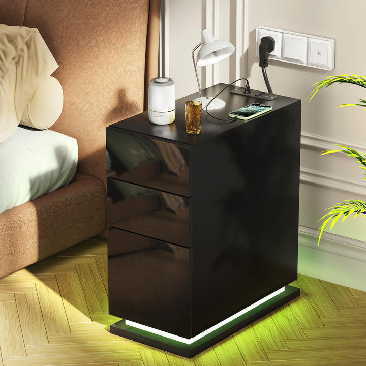 PIPIPOXER Nachttisch LED mit Steckdose & USB, Schwarz Hochglanz 16-Farben RGB-Licht, Schmal mit 3 Sc