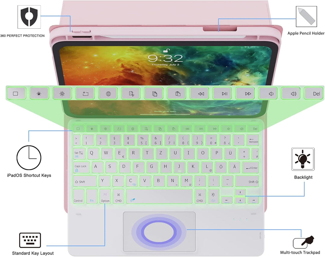 ROOFEI Hülle mit Tastatur für iPad (A16) 11.Generation 11" 2025, iPad 10. Generation 10.9" 2022-7 Fa