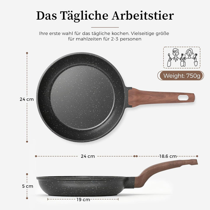 YASHE Bratpfanne 24 cm, Induktion, ungiftig, PTFE- und PFAS-frei | Granitoberfläche für gesundes Koc