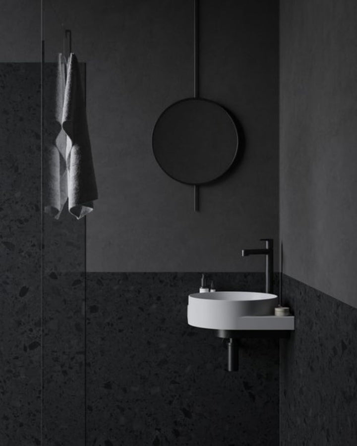 Eckwaschbecken-Set mit Original-Einbauregal und Schwarz Zubehör, Eckwaschbecken zur Wandmontage mit