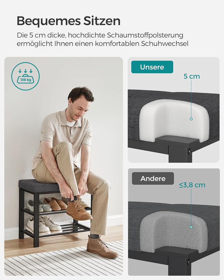 SONGMICS Schuhbank, Schuhregal mit 3 Ebenen, Schuhaufbewahrung, Sitz mit Schaumstoffpolsterung, Lein